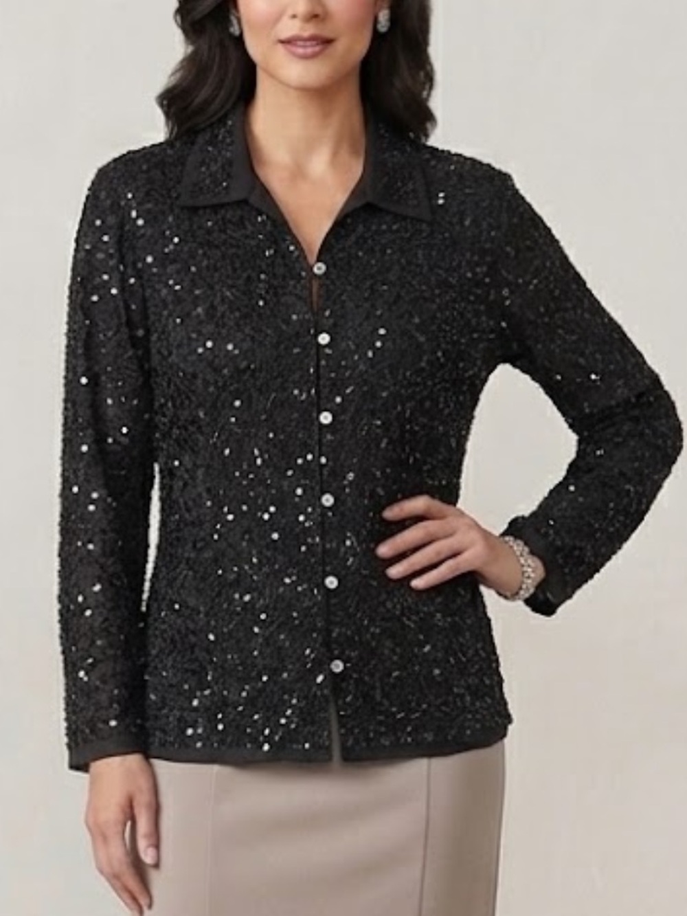 Vintage Chicos Design Black Beaded Sequin Button Up Cardigan size 2 Large